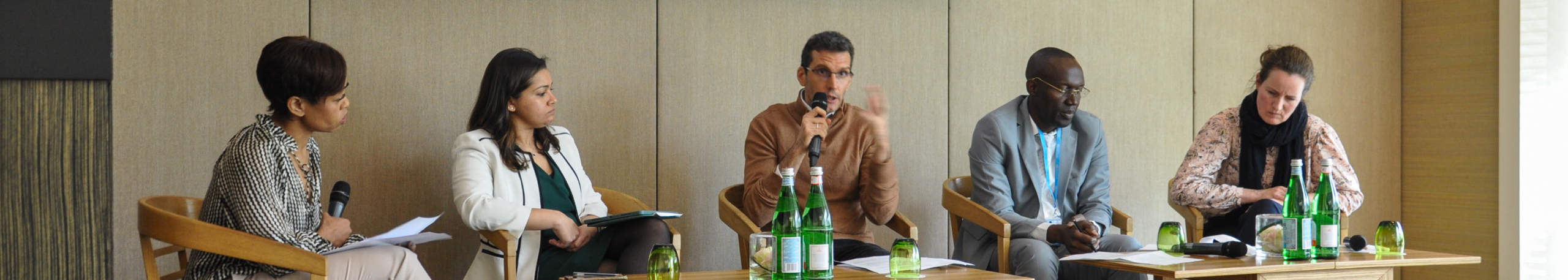 (L to R) Redhi Tlhabi, Apoorva Gomber, Stéphane Besançon, Benido Impouma, and Nine Steensma speaking on the Advancing Equity: Global Action for People Living with Diabetes Panel hosted by Helmsley.